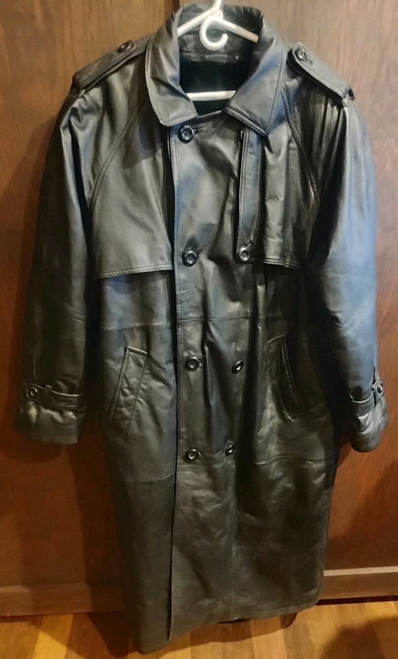 Wilda Men's L Leather Trench Coat Black Long Jacket Removable Fur Liner Heavy